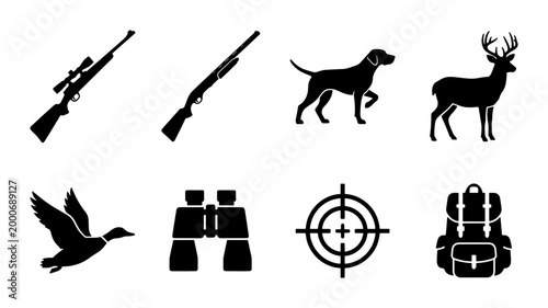 Valokuva Hunting icons set with 8 black vector silhouettes, outdoor sport equipment and w