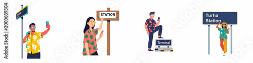 Set of flat vector illustrations featuring diverse tourists in tropical shirts taking selfies and using smartphones at various train stations and terminals.