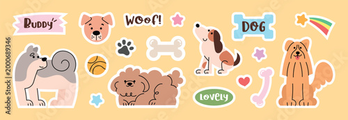 Dog sticker collection.Trendy hand drawn vector illustration.