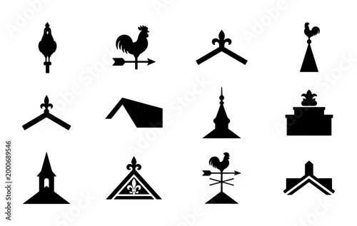 Foto Vintage roof finials and weather vanes vector set, 12 black silhouette architect