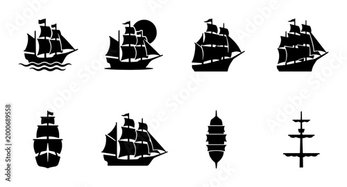 Cuadro en lienzo Vintage sailing ship silhouette icons, set of 8 nautical vessel vectors, antique