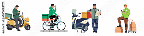Set of four delivery personnel using scooters, bicycle, and hand truck for transporting parcels and food, isolated on white.