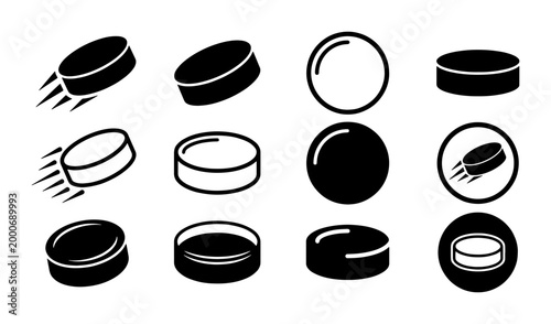 Photography Ice hockey puck icon set, black and white sports equipment vector collection, 12