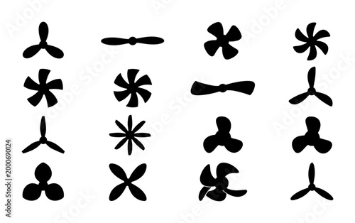 Foto Propeller silhouette vector set, 16 aircraft and boat engine fan icons, black in