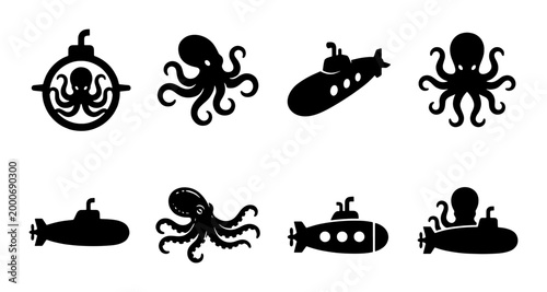 Schilderij op canvas Nautical octopus and submarine icon set, black sea creature silhouettes and unde