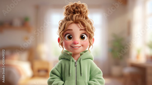 Cartoon girl smiling while wearing green hoodie in cozy room  