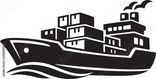 Modern cargo ship icon vector with container vessel silhouette isolated for transport design use.