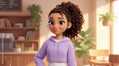 Young girl with curly hair smiling in a cozy cafe setting  