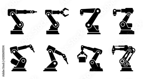 Bild auf Leinwand Industrial robotic arm icons set, black mechanical manipulator silhouettes for f