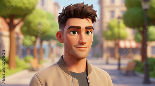 Young man smiling in animated style on street with trees  
