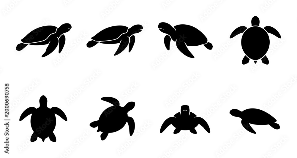Naklejka premium Sea turtle silhouette collection, set of 8 black marine animal icons, aquatic reptile vector graphics for ocean conservation and beach branding