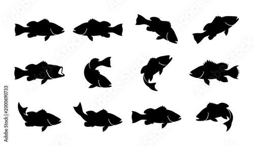 Bild auf Leinwand Black fish silhouettes collection, 12 vector sea bass and grouper icons, aquatic