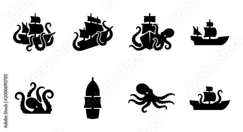 Cuadro en lienzo Vintage nautical silhouettes of pirate ships and giant kraken octopuses, set of