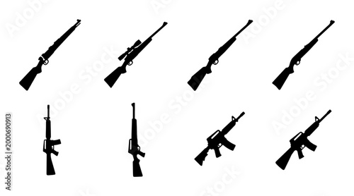 Foto Military rifle silhouettes collection, 8 firearm vector icons, black assault rif
