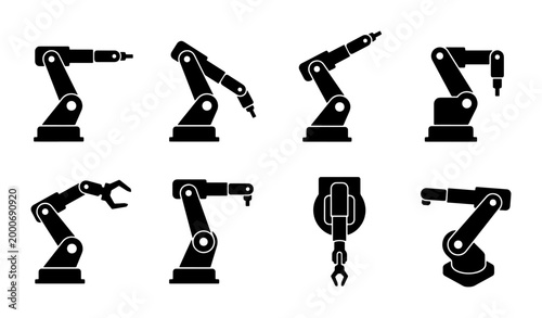 Konstfotografi Industrial robotic arm icons set, black mechanical manipulator vector silhouette