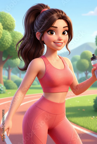 Young woman jogging in park wearing pink athletic outfit  