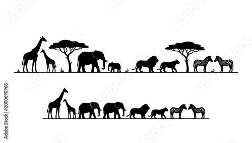 Quadro su tela African safari animal silhouettes, black wildlife vector collection with elephan