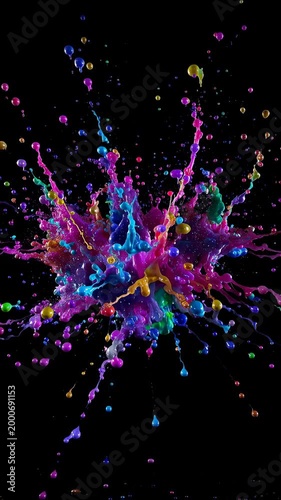 Vibrant Explosion of Colorful Liquid Splashes Against a Dark Background, Capturing the Dynamic Movement and Energy of Paint Droplets in Motion