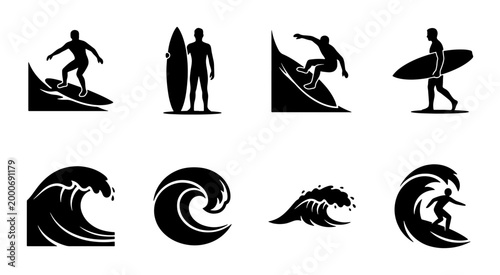 Photography Surfing silhouette icons set, black surfer man and ocean wave vector collection,