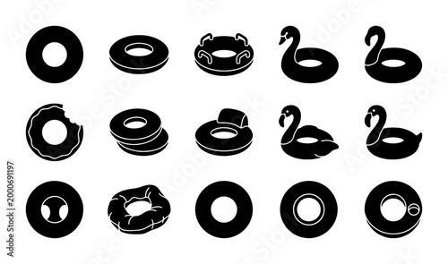 Schilderij op canvas Inflatable pool float icons set, black silhouette swimming rings and water tubes