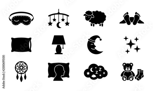 Schilderij op canvas Sleep and bedtime icon set, black solid vector symbols for dreaming and rest, 12