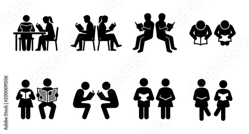 Photos Reading people icon set, black stick figure silhouettes studying books, student