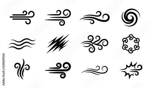Canvastavla Wind blow line icons set, 12 weather breeze and air flow vector elements, black