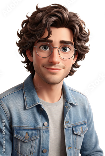 Young man smiling with curly hair and glasses in casual attire  