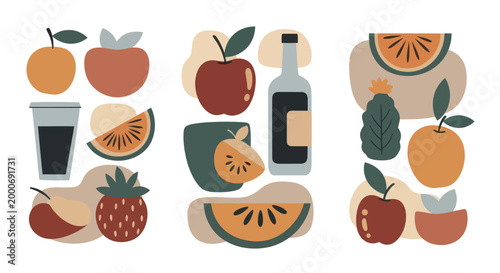 Abstract Fruit and Beverage Collection with Modern Organic Shapes.