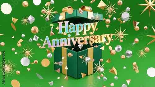 Happy Anniversary Gift Box Explosion with Confetti and Stars.