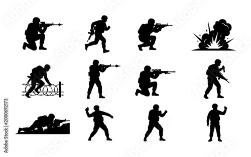 Tableau sur toile Military soldier silhouettes set, 11 army infantry figures with weapons and expl