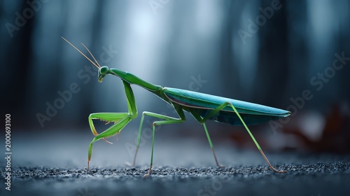 A vibrant green praying mantis in a mysterious forest setting.