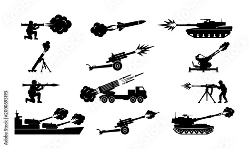 Photos Military artillery and heavy weapon silhouettes, 12 war vehicle and soldier icon