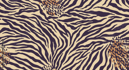 Abstract seamless pattern with animal print elements, including zebra stripes and leopard spots, creating a wild and fashionable design.