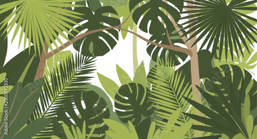 Lush green jungle foliage with tropical plants and trees.