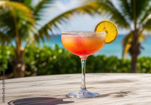 A refreshing tropical cocktail served in a stemmed glass on a sunny beach resort terrace setting