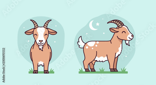 Two charming cartoon goats, one facing forward and the other in profile, set against a light blue background with subtle cloud and star motifs.