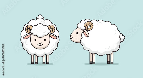 Two cute cartoon sheep, one facing forward and the other in profile, against a light blue background.