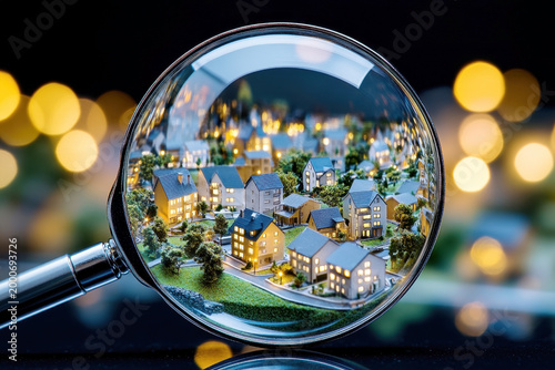 A magnifying glass reveals a miniature city at night, showcasing detailed houses and illuminated windows