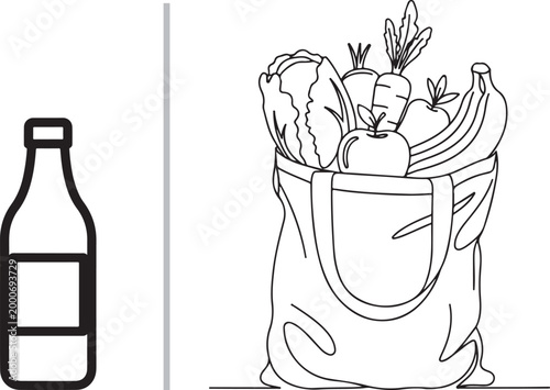 Minimalist line art illustration of a reusable shopping bag with vegetables and a bottle isolated on white background