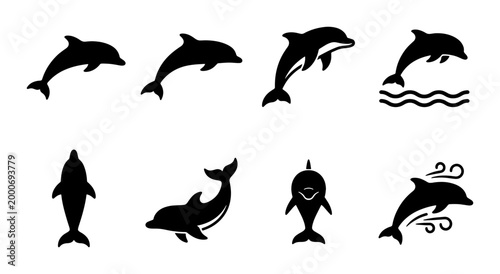 Foto Dolphin silhouette icons set, jumping aquatic mammal vector graphics, black sea