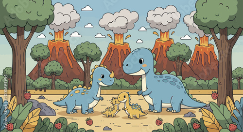 Adorable Blue Dinosaur Family with Babies in Prehistoric Landscape.