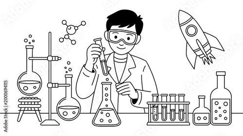 Scientist working in a laboratory with beakers test tubes chemical formulas a rocket ship scientist research
