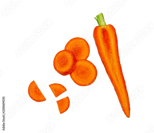 Carrot slices isolated on a white background, top view, contour
