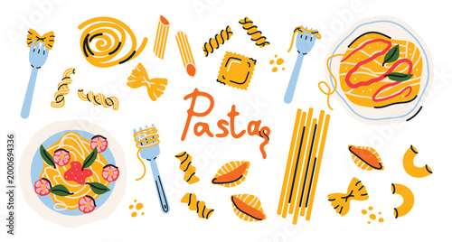 Trendy vector set of Italian pasta types in hand drawn flat style. Spaghetti, fusilli, farfalle, ravioli and more with forks and plates. Perfect for food design, menus, packaging, posters
