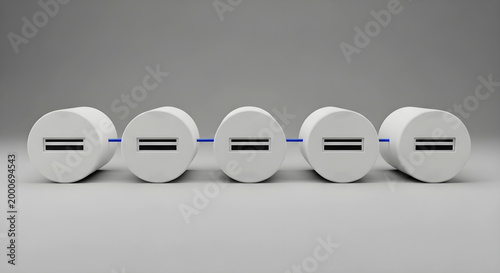 Row of White USB Ports Connected by Blue Cable on Grey Background for Data Transfer