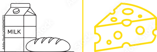 Minimalist line art vector illustration of milk carton bread loaf and cheese wedge isolated on white background