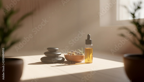 Serene Spa Composition with Essential Oil, Zen Stones, and Dried Aromatic Herbs