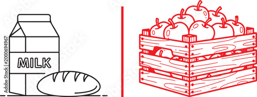 Line art vector illustration of a milk carton bread loaf and a wooden crate of apples isolated on white background