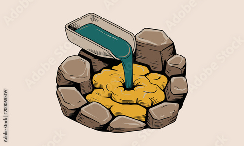 Vintage illustration of metal casting process in a stone furnace